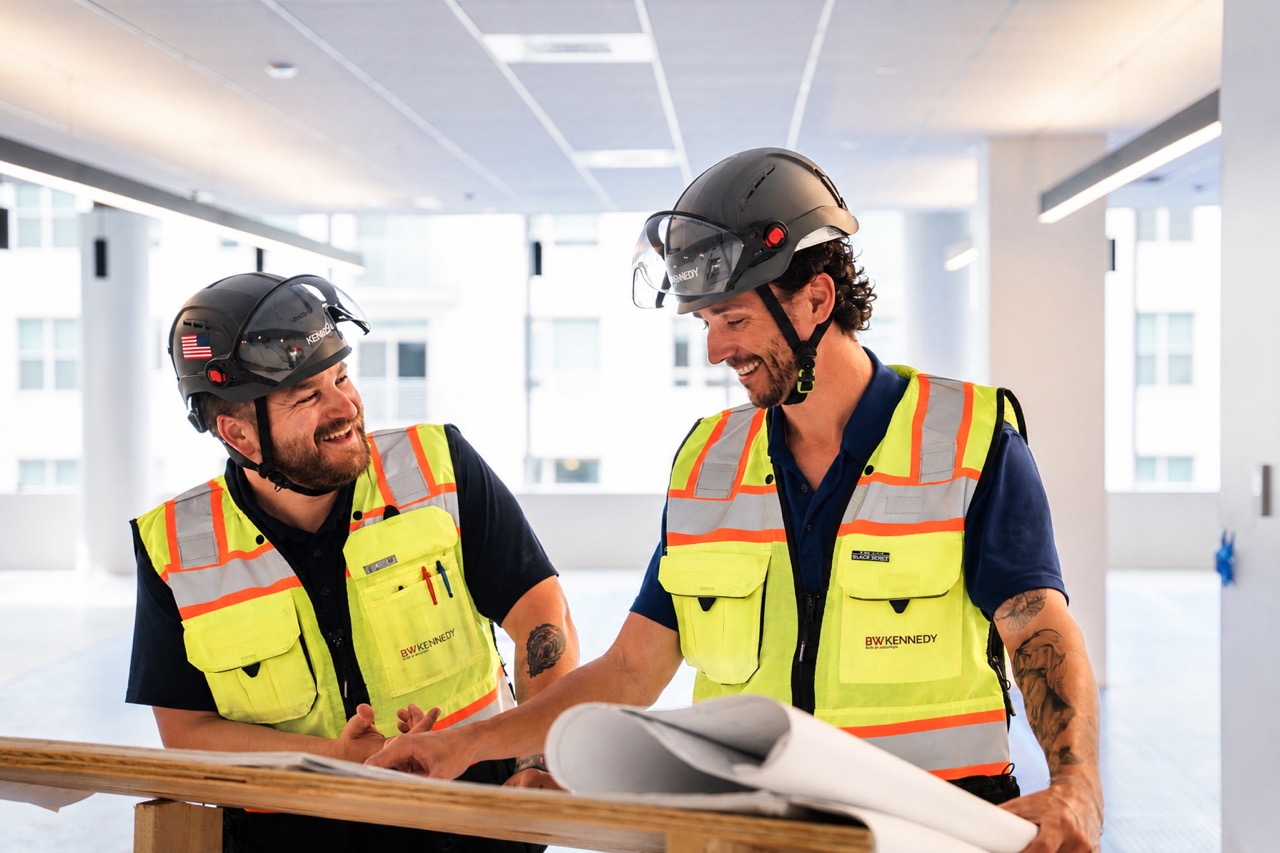 Construction workers going over a plan